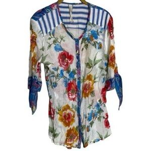 Aratta Silent Journey XL NWT Floral Button-Up Blouse with Stripes